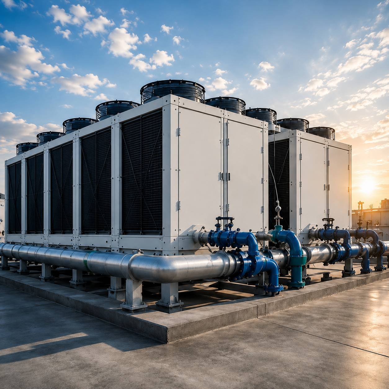 Industrial chillers and process cooling systems for manufacturing plants