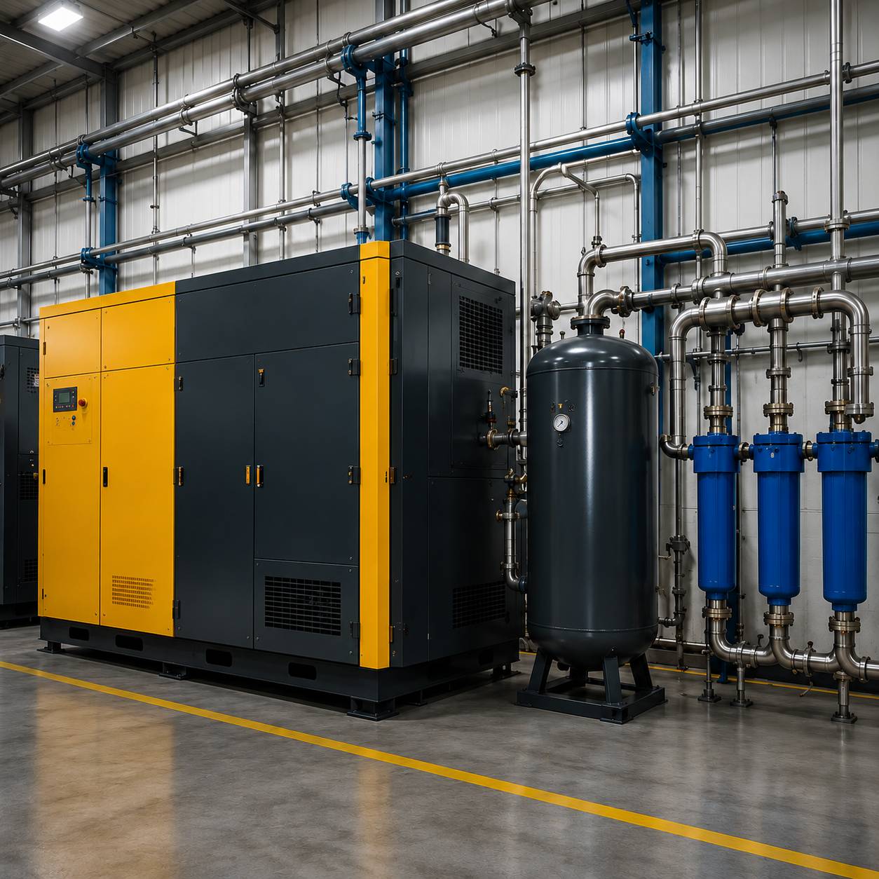 Industrial compressors and compressed air systems for manufacturing operations